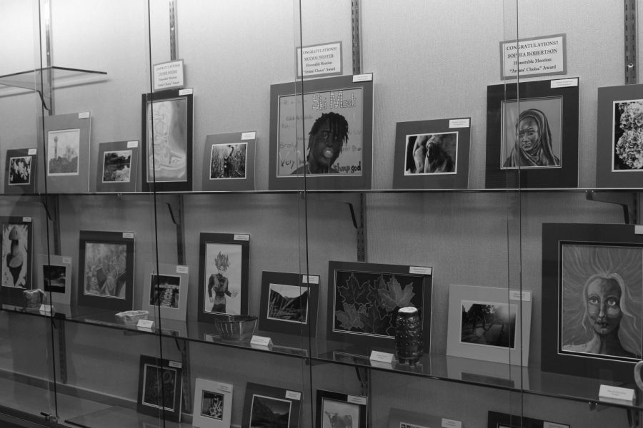 Display cases showing the art pieces that made it into the first art show.