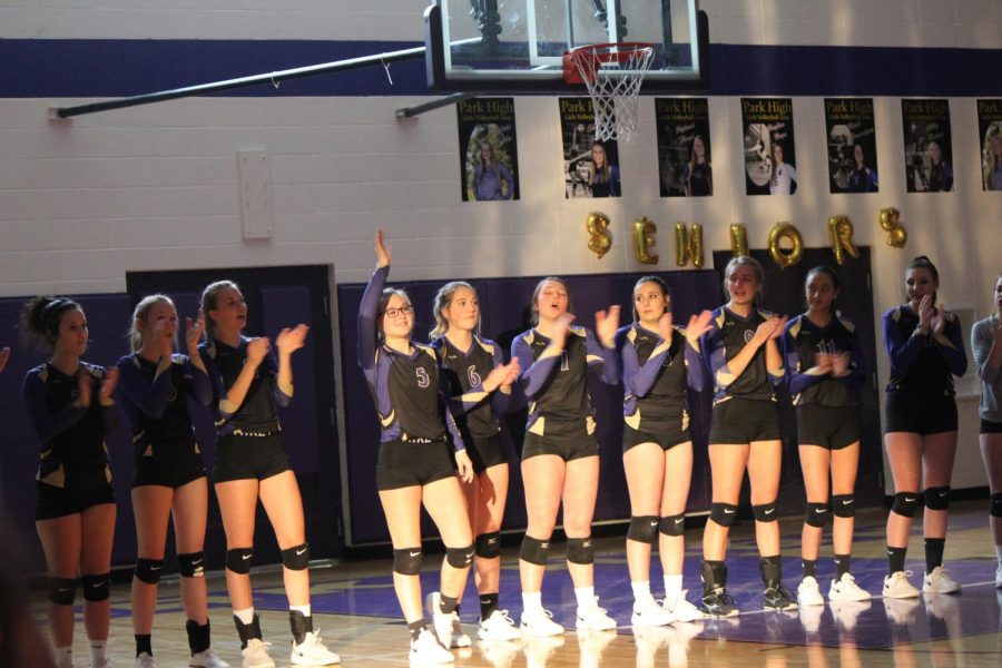 The volleyball players are introduced to the crowd before their last home game