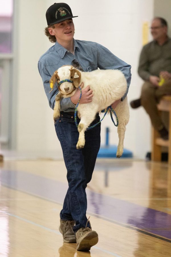 FFA member Jarret OHair holds the goat for the annual, Kiss the mystery animal