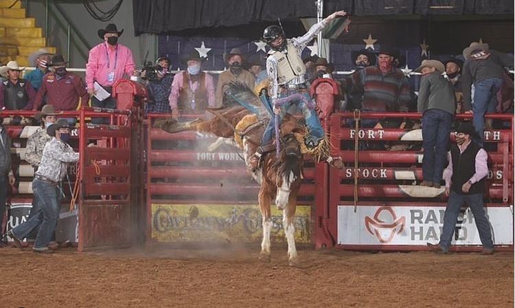 NFR Finalist, Paul OHair, competing in Saddle Bronc Riding.