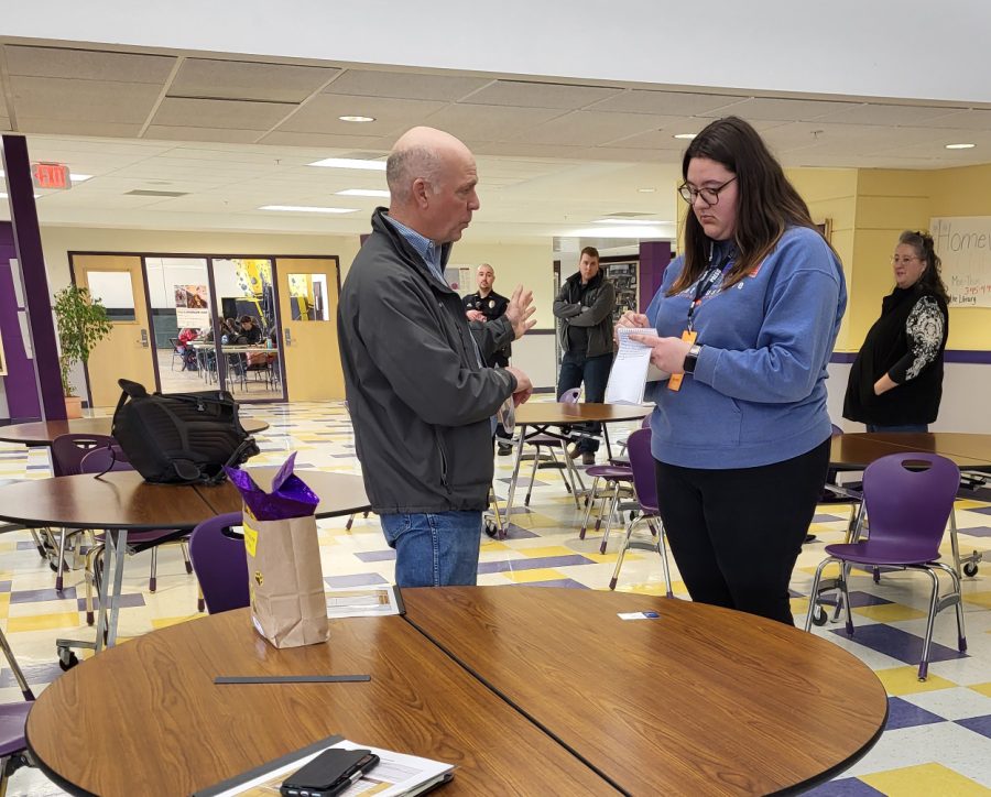 Journalism student Reba Shandy interviews Governor Greg Gianforte after his tour of Park Highs CTE classrooms Feb. 17.