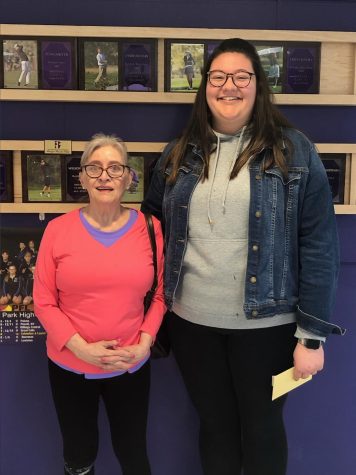 Carol OConnor stands with senior Reba Shandy on May 2 after awarding her the Bill OConnor memorial scholarship, in honor of her late brother Bill OConnor, a longtime Livingston elementary teacher.