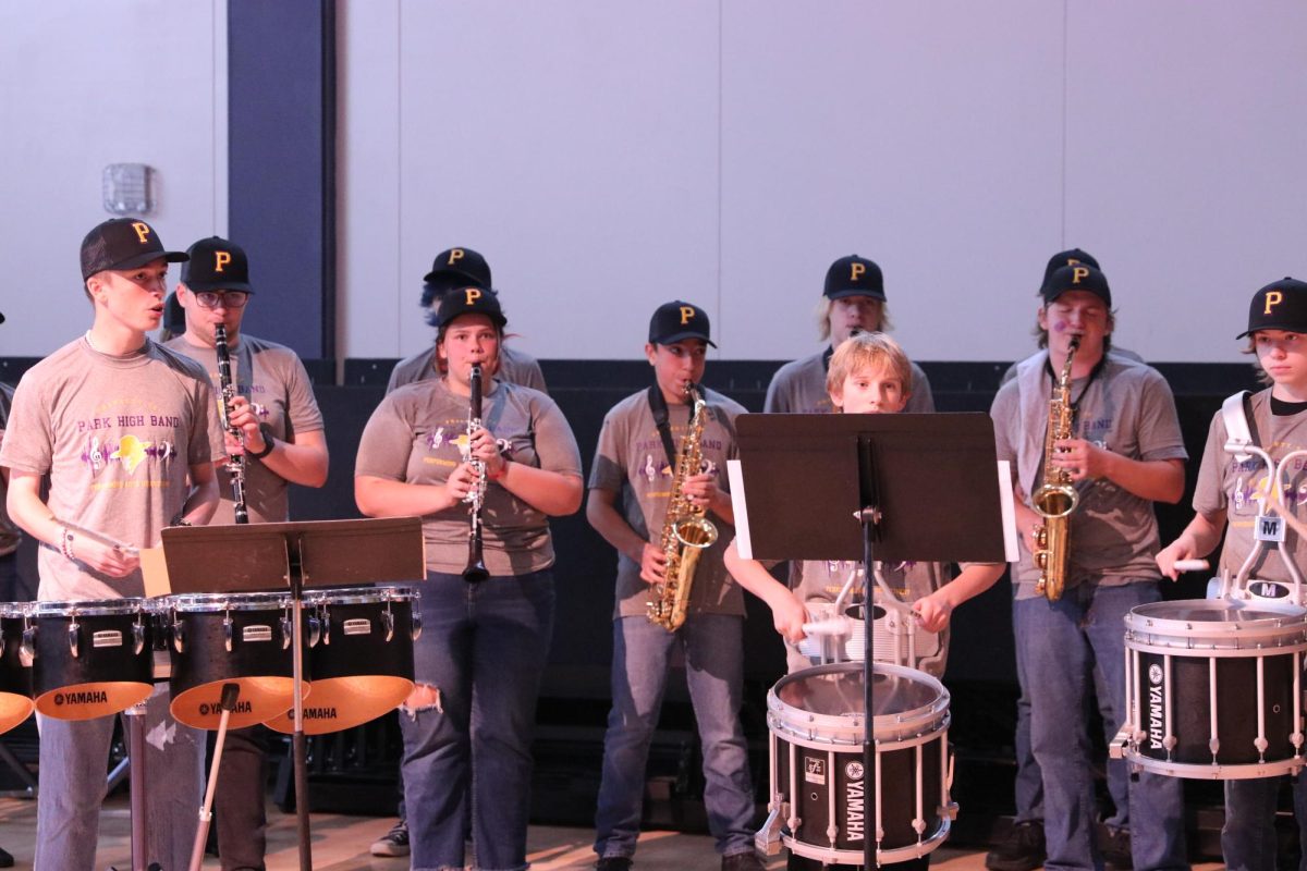 Park High pep band plays during the pep rally in the Rec Plex Friday.