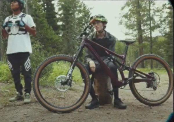 Video hosts Zach Rehder and Drake Knaff pause during a recent mountain biking session.