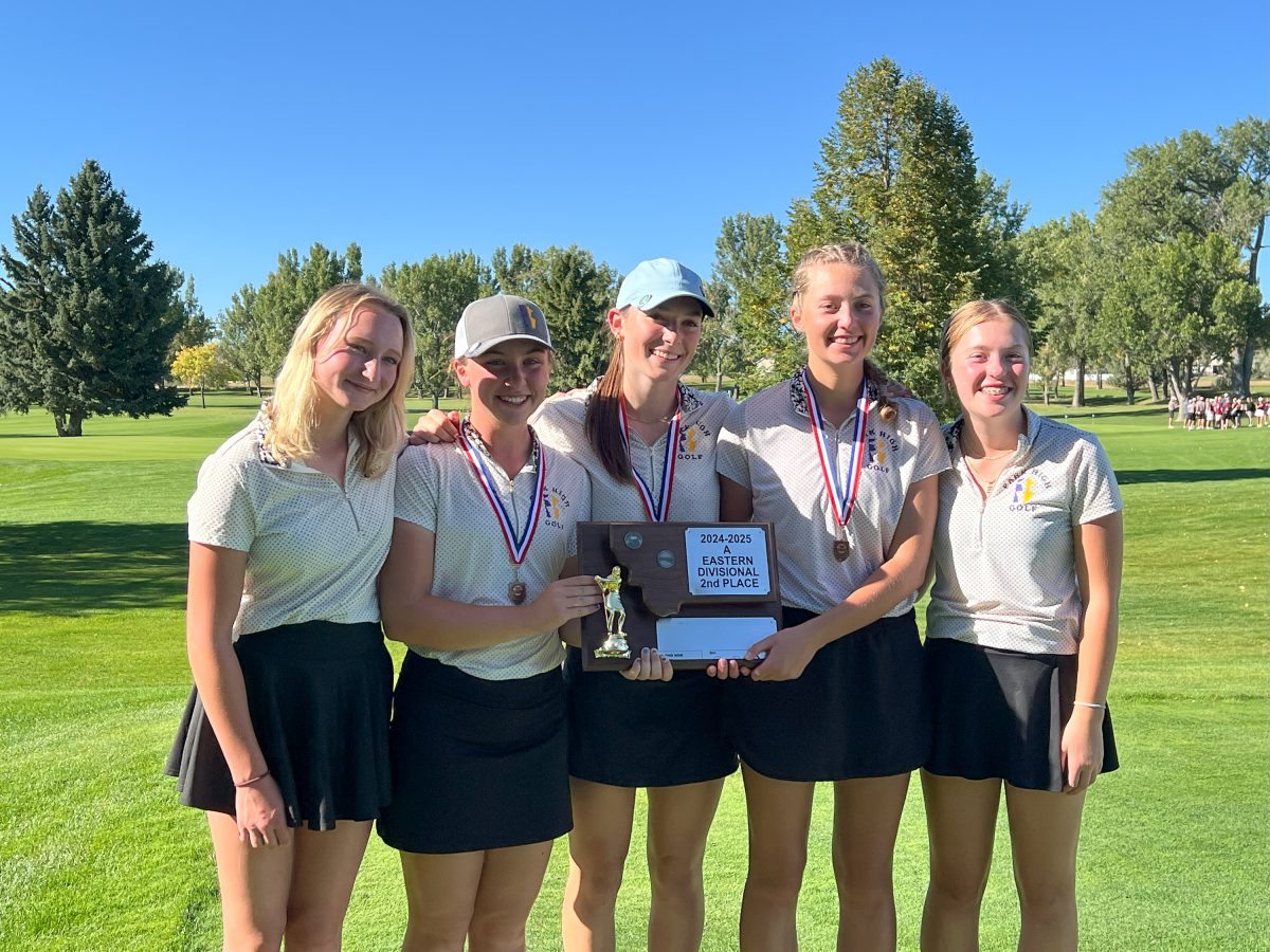 Emily Schilling, Camille Poncin, Anna Lende, Kepler Jacobik and Emma Malloy display their second place award at the Eastern Class A Divisional tournament in Laurel.