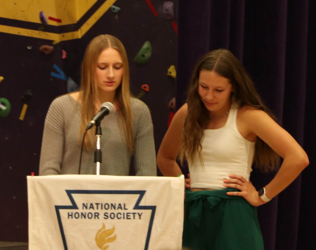 President Molly Arterburn and vice president Landess O'Dea give a speech at the NHS induction ceremony.