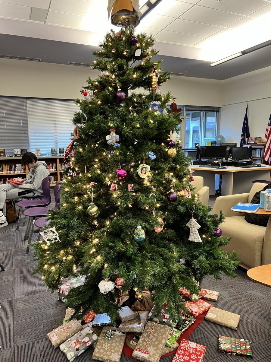 The library Christmas tree, decorated by student-made ornaments, stands atop a pile of donated books that students could take home.  Community Closet donated gently used books that were labeled for students to take home to family and friends, and Elk River Books donated 16 brand new books that teens could claim for themselves.