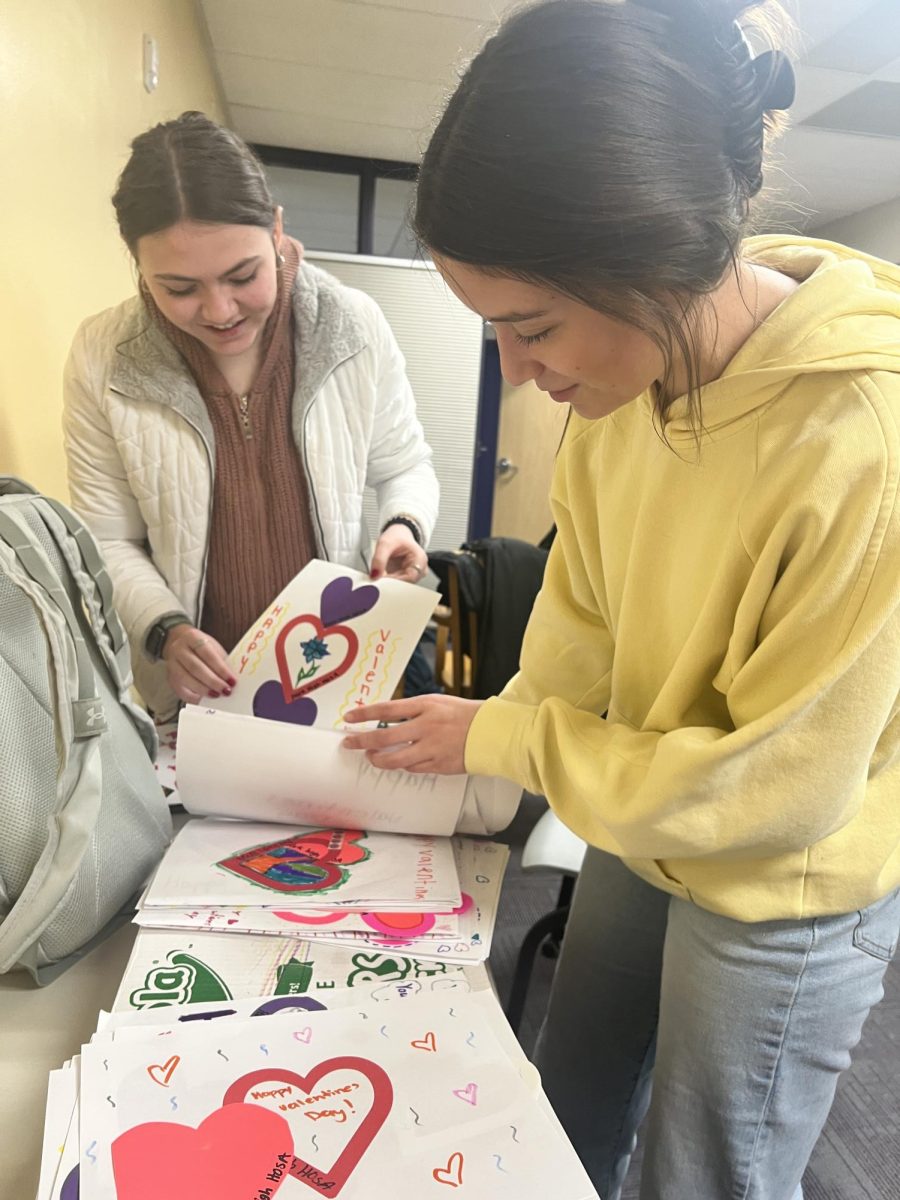 Analeece Frederickson and Alissa Ruebusch look at Valentines that will be delivered to healthcare workers and long term care residents.