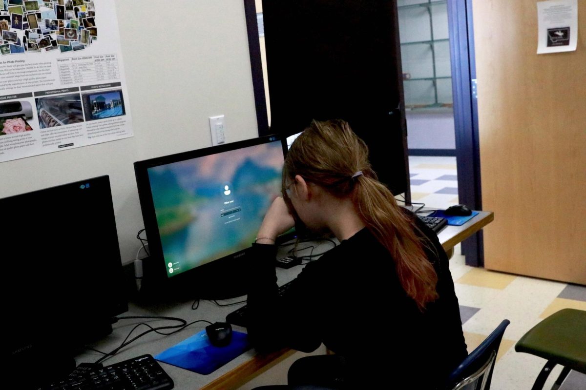 A student waits for an aging desktop to boot up in the art room computer lab, which needs updated.
