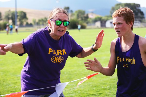 Park High sophomore #9 Rio Gaines sprints towards the finish line at the first home track meet on August 29th. He received encouraging words from the sidelines by KJ Schretenthaler seconds before finishing the race with a time of 25.26.2, finishing 11th overall.
