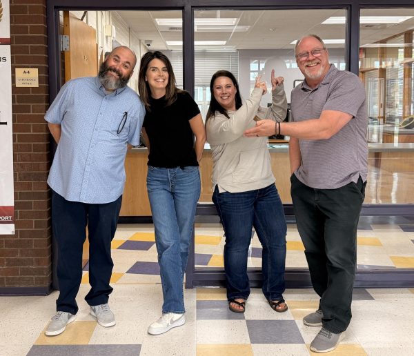 Current office administrative staff (from left) includes vice principal Justin Pond, administrative assistants Catie Leininger and Tracy Haggerty, and Principal Cole Maxwell.